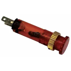 This LED indicator pilot light features a flush head design for low-profile panel mounting in a 5/16 in diameter hole. It uses a 0.11 Male Quick Disconnect electrical connection for simple wiring. Typical applications include providing visual status signals on industrial control panels and equipment.