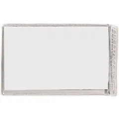 Clear attached-lid label holder for industrial totes. Each holder provides a 5 in x 3 in window for paper labels. Pack of 24 units. Used for identifying contents in storage totes within warehouses, manufacturing, and distribution environments.