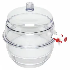 This round vacuum desiccator is made of polycarbonate with a 0.31 cu ft capacity and 10 3/4 in overall diameter. It includes one shelf and a 0.32 cm (1/8 in) thick perforated plate. Used in laboratories for drying or storing moisture-sensitive samples under vacuum, protecting materials from humidity and contamination during vacuum drying, degassing, or storage processes.