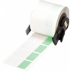 Vinyl wraparound label with green matte finish, measuring 1 1/2 in x 1 in. Designed for wire identification on conductors from 10 AWG to 4 AWG. Compatible with BMP61 printer series; requires M61-R4310 ribbon. Used for cable marking in electrical panels and control systems.