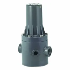 PVC pressure regulator with FKM seals, 1 in NPT x NPT connections, adjustable from 10 psi to 150 psi. Used to control pressure in systems handling corrosive or ultra-pure liquids.
