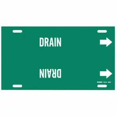 Green pipe marker with white 'Drain' legend and directional arrows. Fits pipe outer diameters of 10 to 15 inches. Single marker for identifying drain pipes in industrial piping systems.