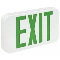 LED exit sign with white plastic housing and green text. Operates on 120/277 V AC with nickel cadmium emergency battery backup. Universal field selectable chevrons allow directional indication. Remote capable, available in 1 or 2 face configurations for ceiling mounting. Suitable for commercial buildings requiring illuminated egress guidance.