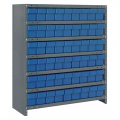 Steel frame shelving unit with gray finish, one-sided access, and 54 blue polystyrene closed-front drawer bins. Each bin measures 4-5/8 in x 3-3/4 in x 17-7/8 in. Suitable for organizing small parts, components, or supplies in industrial, warehouse, and workshop environments.