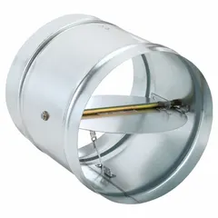Round fire damper with 14 in duct diameter and 14 in length. Galvanized steel frame with butterfly blade and spring closure. Designed for vertical mounting in HVAC ductwork to restrict fire and smoke spread.