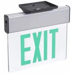 Surface-mount edge-lit exit sign with one illuminated face. Green text on a silver aluminum housing with LED lighting. Includes universal field-selectable chevrons for directional indication. Suitable for marking emergency exits in commercial and industrial settings.