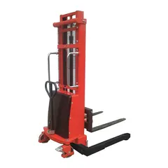This electric-lift, manual-push straddle stacker has a 2,200 lb capacity and hydraulic lift mechanism. Maximum lifting height is 63 in. Forks are 42 in long by 4 in wide and adjustable in width from 19 in to 39-1/2 in. Powered by a sealed lead acid battery. Suitable for lifting and moving palletized loads in warehouses and light industrial settings.