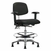 This cleanroom task chair is designed for ISO 5 controlled environments requiring electrostatic discharge protection. Features include a 19-inch wide vinyl seat, adjustable height from 21 1/2 to 29 inches, aluminum base, foot support, and tilt adjustments: back forward 10.5°, back backward 13.5°, seat forward 8°, seat backward 3°