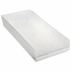 This clear plastic shelf bin is designed for organizing small parts and components on industrial shelving. With a 23 5/8 in overall length and 11 1/8 in x 4 in size, it allows quick visual inventory checks. The nesting capability saves space when bins are empty. Not hangable and not electrostatic discharge conductive.