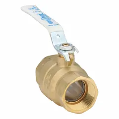 This two-piece brass ball valve features a straight body with 1-1/4 in female NPT connections on both ends. The locking lever handle provides manual on/off flow control and can be secured for lockout/tagout procedures. Suitable for water, oil, and gas applications in industrial piping systems.