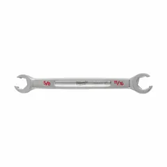 This MILWAUKEE flare nut wrench is a double-end, standard-head, 6-point tool with head sizes of 5/8 in and 11/16 in. It is constructed from chrome vanadium steel with a chrome finish. Designed for tightening or loosening flare nuts in confined spaces, the 6-point configuration grips nut flats to help prevent rounding.