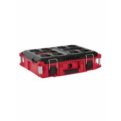 Plastic tool organizer box in black/red with four adjustable dividers for custom compartmentalization. Measures 22-1/8 in width, 16-3/16 in depth, and 6-1/2 in height. Designed for organizing and transporting tools and accessories on job sites.