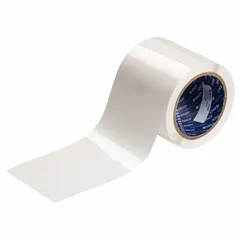 Clear acrylic laminate roll with permanent adhesive, measuring 2 3/8 inches high by 3 5/8 inches wide. Applied over printed labels to protect against abrasion, chemicals, and moisture in industrial environments. Suitable for use in manufacturing, electrical, and facility maintenance settings.
