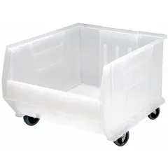 This mobile plastic bin is designed for organized storage and transport of industrial components. Its clear construction allows easy visibility of contents, and the stacking capability enables efficient use of vertical space. Suitable for use in warehouses, manufacturing facilities, and distribution centers.