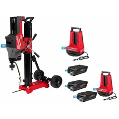 This cordless core drill system operates on 72V DC power with M12™ REDLITHIUM™ FORGE™ batteries (three 12.0 Ah included). It features a mechanical drive and a 14-inch coring capacity in concrete. The kit includes a stand and is used for drilling large-diameter holes in concrete without a power cord.