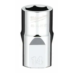 This 1/2 in drive, 14 mm, 6-point standard chrome socket is designed to resist rolling on sloped surfaces. Suitable for tightening or loosening metric hex fasteners in automotive, industrial, and maintenance tasks.