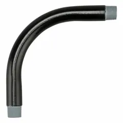 This 90° elbow is used to change the direction of conduit runs in electrical raceway systems. It features a steel construction with a PVC-coated finish for corrosion resistance. The fitting has male-to-male NPS threads (3/4"-14) and a 3/4 in trade size, with an overall length of 6 11/16 in.