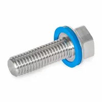 Partially threaded M10 hex head screw in Grade 316L stainless steel with a 26 mm minimum thread length. Includes an FDA-approved pre-mounted sealing washer for hygienic sealing. Low-profile head design reduces crevices for cleanability. Used in food processing, pharmaceutical, and other sanitary environments requiring corrosion-resistant fastening
