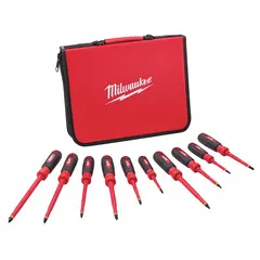 This 10-piece insulated screwdriver set is supplied in a case for organization. Each screwdriver has a 1/4-inch drive size and an overall length of 2 1/2 inches. Suitable for electrical work requiring insulated tools.
