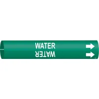Snap-on pipe marker with 'Water' legend in white on green background. Fits pipe outer diameters of 4 to 6 inches. Includes directional arrows for flow indication. Used for identifying water lines in industrial piping systems