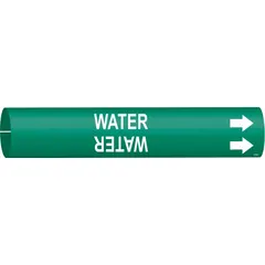 Snap-on pipe marker with 'Water' legend in white on green background. Fits pipe outer diameters of 4 to 6 inches. Includes directional arrows for flow indication. Used for identifying water lines in industrial piping systems.
