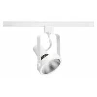 Incandescent spot track head with a spot shape, rated 75 W. White finish. Diameter 3 7/8 in, length 4 3/8 in. Used for accent or directional lighting in commercial and industrial spaces