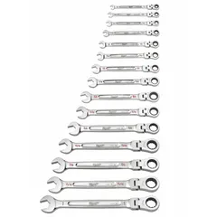 This 15-piece SAE 12-point ratcheting combination wrench set includes wrenches ranging from 1/4 in to 1 in. Made of alloy steel with a chrome finish, the set is stored in a tray. The 12-point ratcheting box end allows efficient fastening without repositioning, suitable for use in confined spaces during mechanical assembly and maintenance tasks.