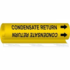 Wrap-around pipe marker with yellow background and black legend reading 'Condensate Return', including directional arrows. Designed to fit pipe outer diameters from 1/2 to 1-3/8 inches. Used for identifying condensate return lines in steam and HVAC systems to support maintenance and safety compliance.