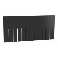 This plastic divider is designed for use with standard divider boxes, fitting bins with a 14 7/8 in width on the short side. It measures 15 3/8 in x 7 1/4 in and is black in color. Not electrostatic discharge conductive. Compatible with manufacturer model number 33228.
