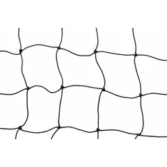 This pallet rack netting is constructed from black nylon with a 4 in mesh size. It is used to secure loads on warehouse racking systems, preventing items from falling and improving safety in industrial storage environments. Hardware is not included.