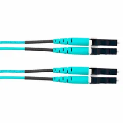 Duplex multi-mode fiber optic patch cord with OM3 50/125 µm fiber, LC connectors on both ends, A-B polarity, and a 2-meter length. Aqua OFNR riser-rated jacket. Used for interconnecting network equipment such as switches, routers, and patch panels in data centers and local area networks.