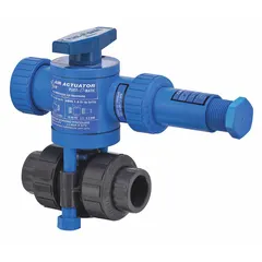 This pneumatically-actuated two-way ball valve is made of PVC with 1/2-inch FNPT x FNPT connections in a three-piece design. It is used for on/off flow control in corrosive fluid handling systems, enabling remote operation in water treatment, chemical processing, and industrial piping. Pilot solenoid voltage is not included.