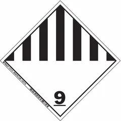 This label is used to identify Class 9 miscellaneous hazardous materials during transport. It measures 4 inches by 4 inches and displays the message '9 (Hazardous Material)'. Supplied in a pack of 500.