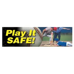 This indoor/outdoor banner is made of poly sheeting and printed on one side. With a nominal size of 28 in x 96 in, it is suitable for communicating safety messages in industrial facilities, warehouses, and construction sites. The banner does not include wind slits.
