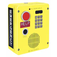 Surface-mount emergency call box constructed of yellow aluminum. Includes a call button and Braille metallic keypad. Supports real-time alarm reporting. Suitable for public access and emergency speakerphone applications in areas requiring reliable communication.
