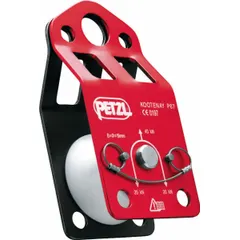 Single-sheave mounted pulley for rope access, rescue, and rigging systems. Accepts rope up to 3/4 inch maximum diameter with a 3-inch sheave outside diameter. Used for redirecting loads or creating mechanical advantage.
