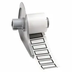 Precut label roll measuring 1/2 in x 1 1/8 in, made of white gloss polyester. Designed for use with the BMP71 printer series. Suitable for industrial identification, asset tracking, cable marking, and general facility labeling.
