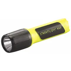 Yellow flashlight with 200 lumen output, 219 meter maximum beam distance, and 6 hour run time at max brightness. Includes 4 AA batteries. Suitable for industrial safety inspections, confined-space entry, and hazardous-environment lighting.