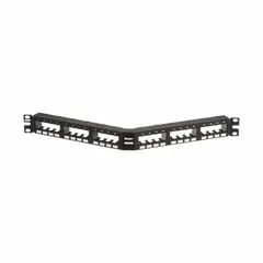 Steel 1RU angled patch panel with 24 unshielded ports. Features adhesive label and front-numbered port labeling for identification. Rear access design facilitates cable management in structured cabling installations. Compatible with Panduit Mini-Com Modules.