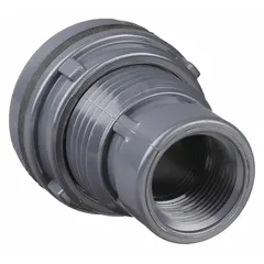 PVC through-wall fitting with 1 1/4 in female NPT threaded inside connection. Includes a neoprene gasket for sealing. Used for creating leak-resistant connections through tank or vessel walls in fluid handling systems.