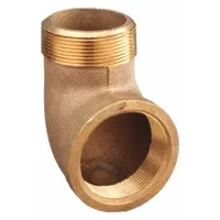This 90° low-pressure threaded pipe elbow is made of brass and has a 1 1/4 in x 1 1/4 in size with a maximum operating pressure of 200 psi. It is used to change direction in threaded piping systems for water, air, and non-corrosive fluids