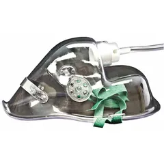 Disposable PVC oxygen mask with attached oxygen supply tubing. Supports flow rates from 0 to 25 lpm. FDA compliant. Used for supplemental oxygen delivery in clinical and emergency settings.