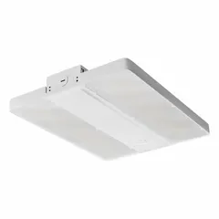 Linear LED bay light for high-bay applications such as warehouses and factories. Replaces 250W metal halide fixtures. Operates at 130W delivering 17,600 lumens at 4000K color temperature. Wide beam distribution suitable for mounting heights of 39 to 49 feet. Voltage range 120 to 347V AC.