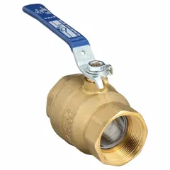 This brass ball valve features a straight two-piece body with FNPT x FNPT connections. It includes a memory stop locking lever handle for position locking. Used for on/off flow control in water, oil, and gas piping systems.