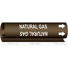 Wrap-around pipe marker for natural gas lines. Brown background with white legend text and directional arrows. Fits pipe outer diameters from 2-1/2 to 7-7/8 inches. Single marker for identifying pipe contents and flow direction in industrial piping systems.
