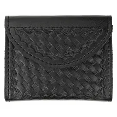 Duty equipment pouch made of black synthetic leather with basket weave texture. Measures 90 mm x 103 mm. Designed to hold gloves for quick access during security, law enforcement, or industrial duties.