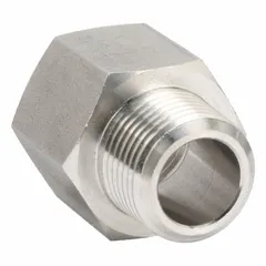 High-pressure precision pipe fitting with 3/8 in x 3/8 in connections: Female NPT threaded x Male x BSPT threaded. Straight configuration for joining lines in hydraulic or pneumatic circuits. Rated for 2,176 psi maximum working pressure.