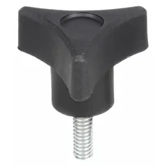 Three-arm knob with threaded stud for manual clamping, positioning, and adjustment on machinery, jigs, and fixtures. Features a 1.75 in diameter, plastic body with steel thread insert, and 5/16"-18 thread size. Suitable for frequent hand-tightening in industrial settings.
