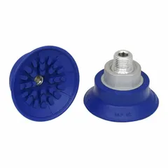 Flat vacuum pad assembly with G1/4 in connection, 56 mm pad diameter, and 28 mm height. Made of NBR (blue) with 60 A durometer. Suitable for automated handling of smooth or slightly curved parts in industrial applications.