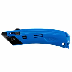 This automatic retracting utility knife features a plain-edge steel blunt-tip blade with a quick-change mechanism, housed in a blue plastic body. Overall length is 5 1/2 inches and overall width is 1 1/2 inches. The auto-retract function and blade guide enhance safety when cutting cardboard, shrink wrap, tape, and other packaging materials.